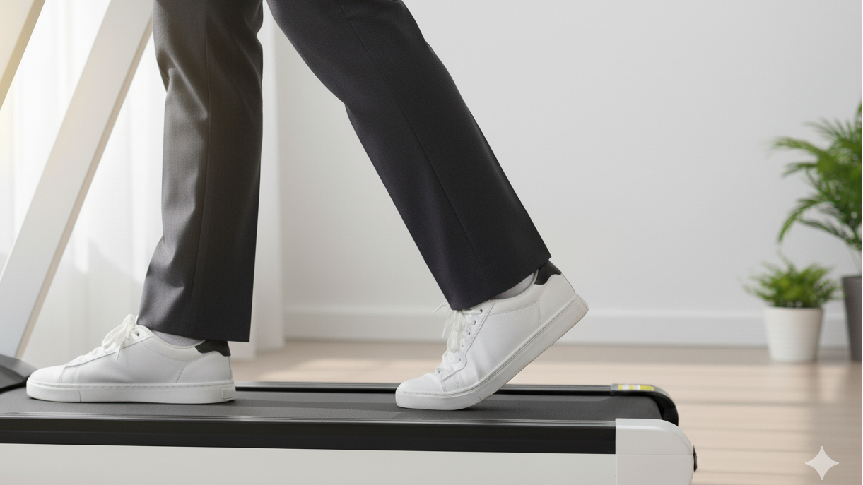 Person using a small treadmill in a home setting