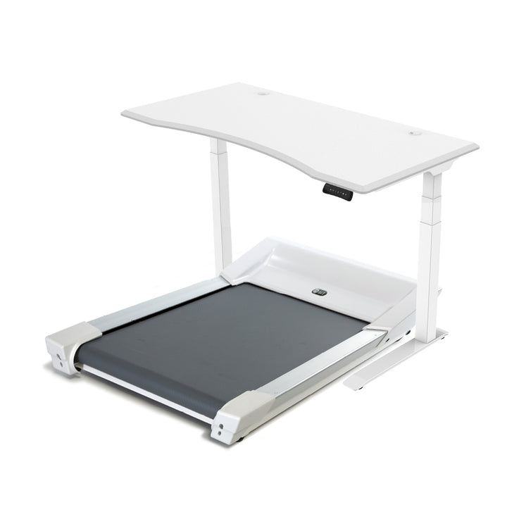 A photo of the Unsit treadmill desk bundle on a blank background with a white desk top