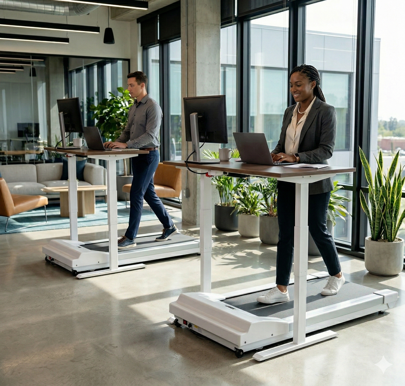Two coworkers work at the office while walking on Unsit Treadmill Desk