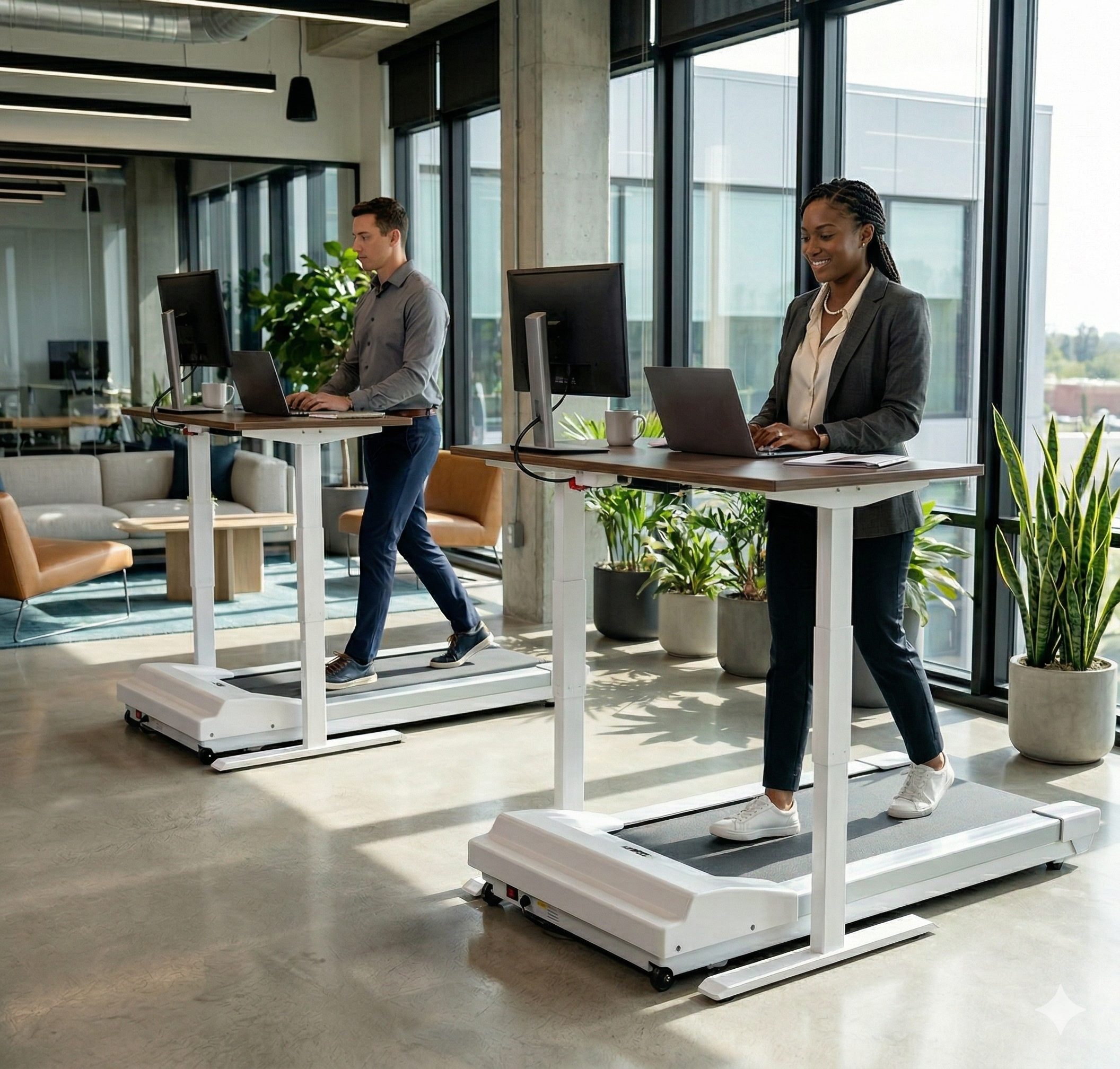 Two coworkers work at the office while walking on Unsit Treadmill Desk