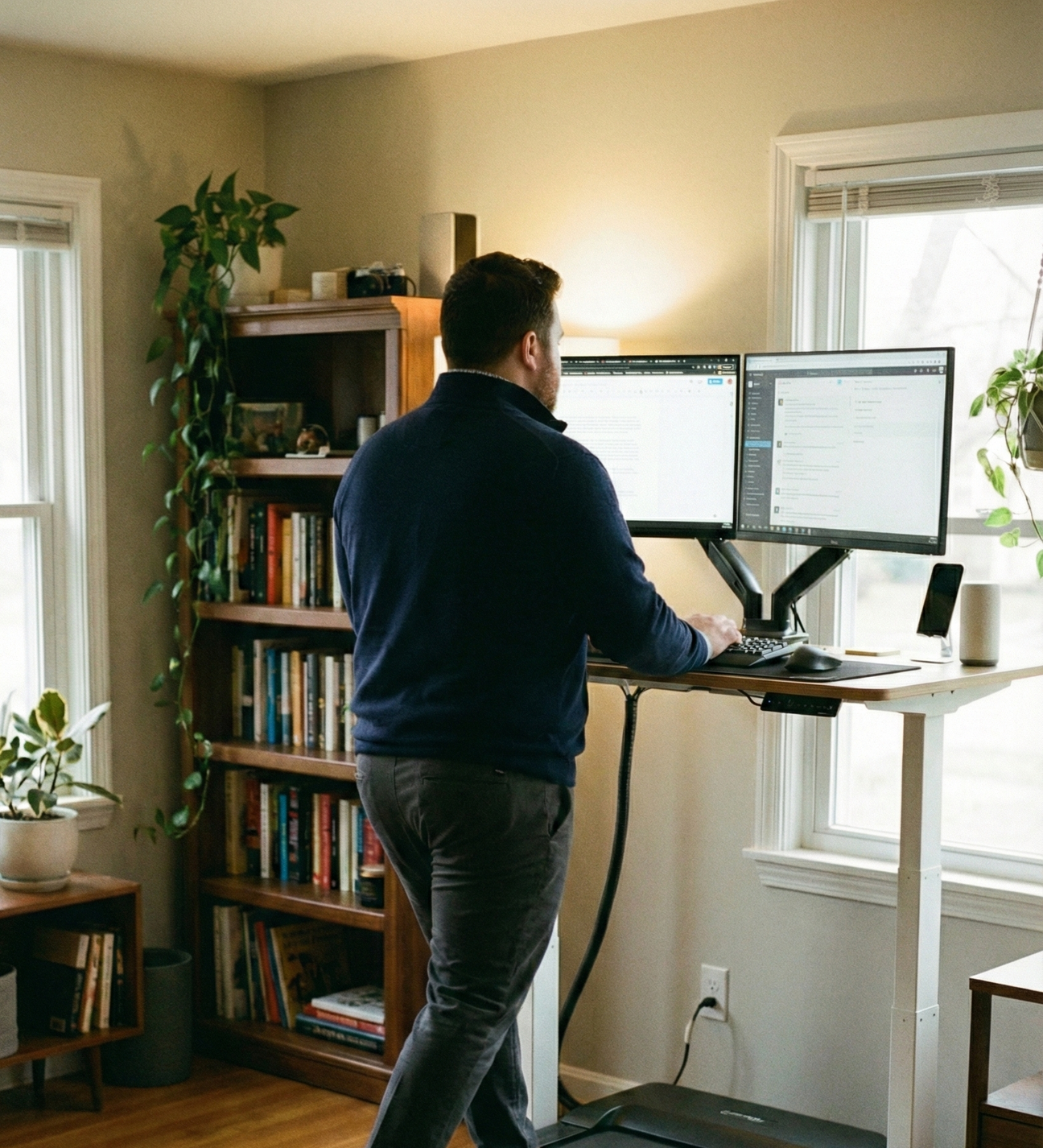 A man walks and works at an under desk treadmill workstation. He is heavier set and wearing a navy blue collared shirt and slacks in his home office.