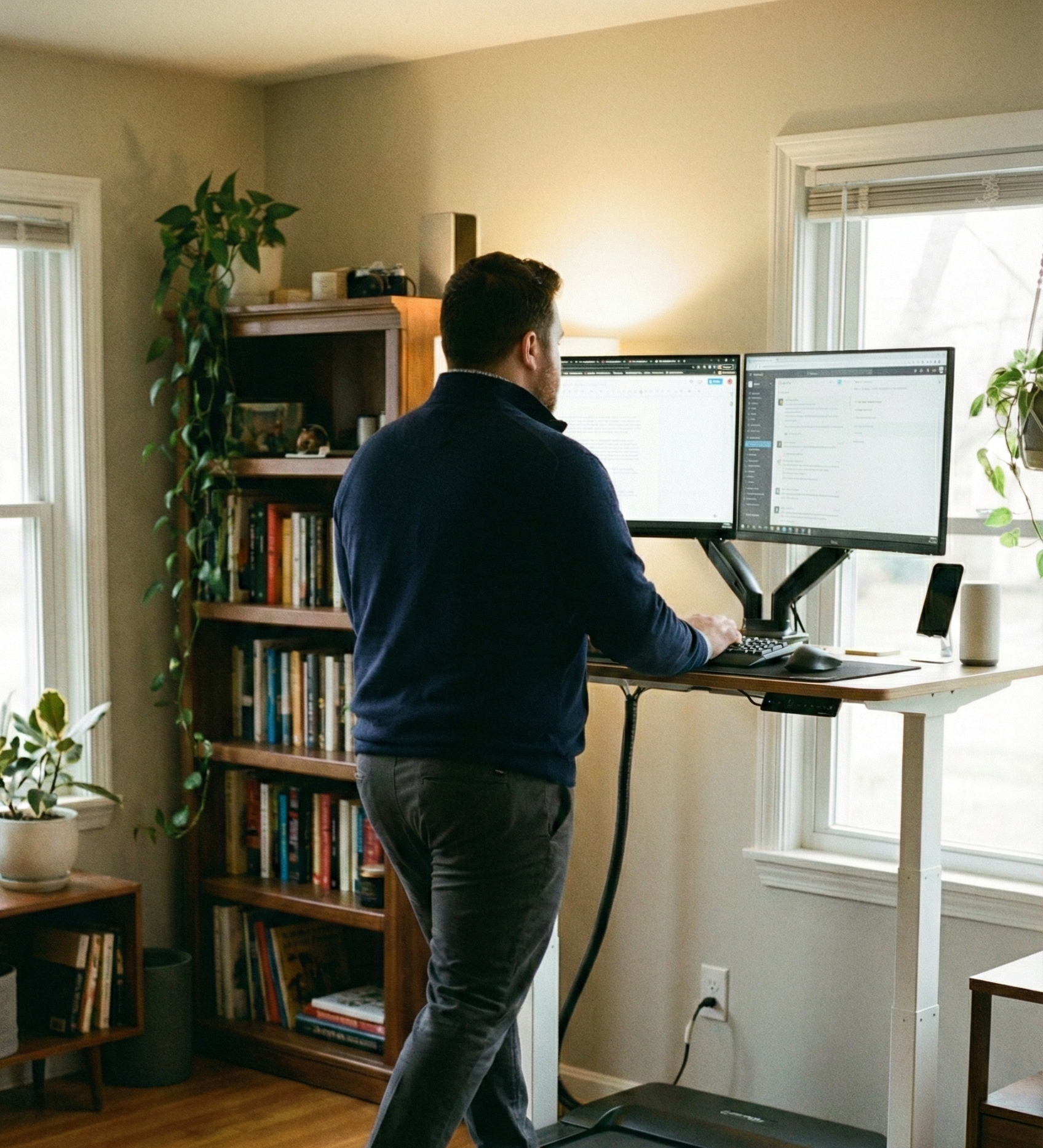 A man walks and works at an under desk treadmill workstation. He is heavier set and wearing a navy blue collared shirt and slacks in his home office.