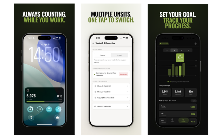 Three smartphone screens displaying different features of the Unsit step tracking app.