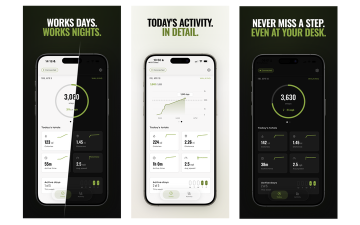 Three smartphone screens displaying features of the Unsit app with fitness and productivity tracking features.