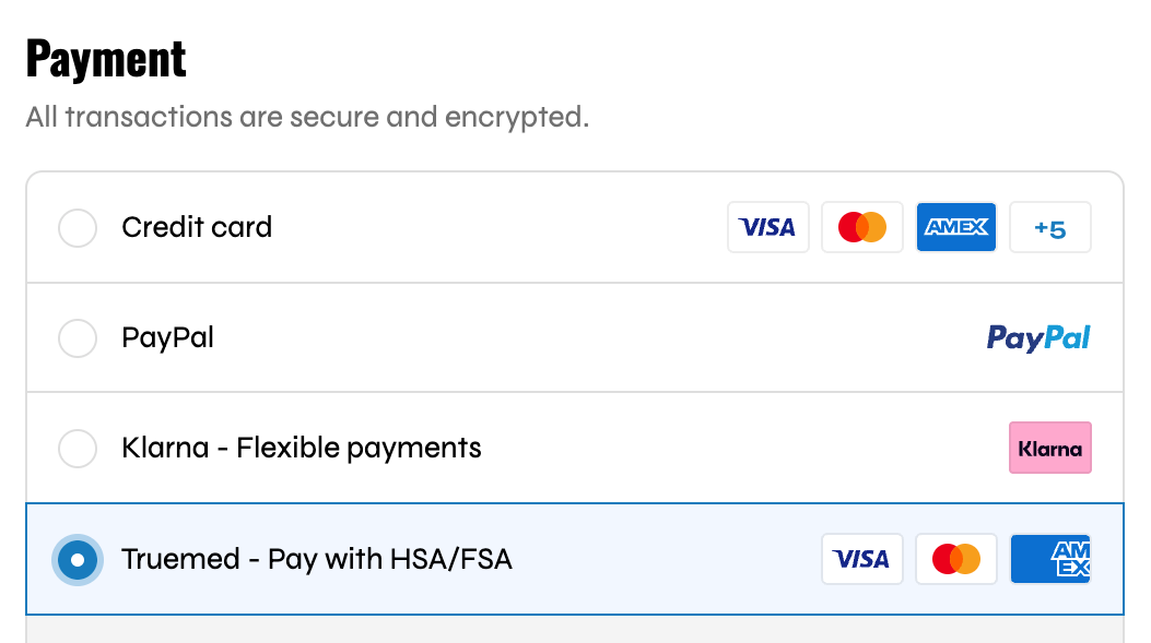 Payment method selection screen with Visa, Mastercard, AMEX, PayPal, and Truemed options.