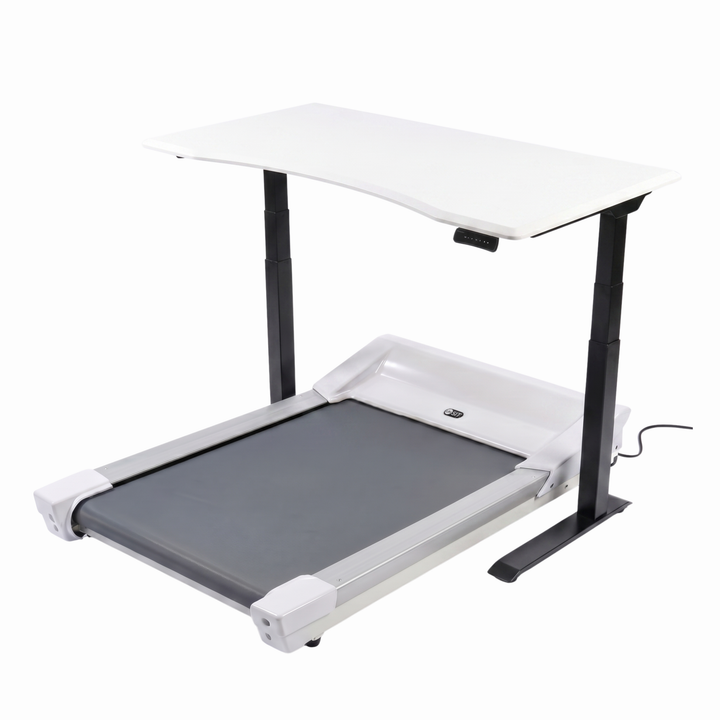 Unsit treadmill with an integrated adjustable desk, featuring a white desk top, black support legs, a gray running belt, and white frame accents, shown on a plain white background.