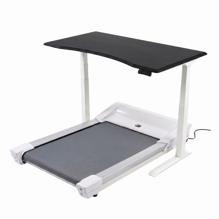 Unsit treadmill desk with a white frame, gray running belt, and an adjustable black standing desk top, shown on a white background.