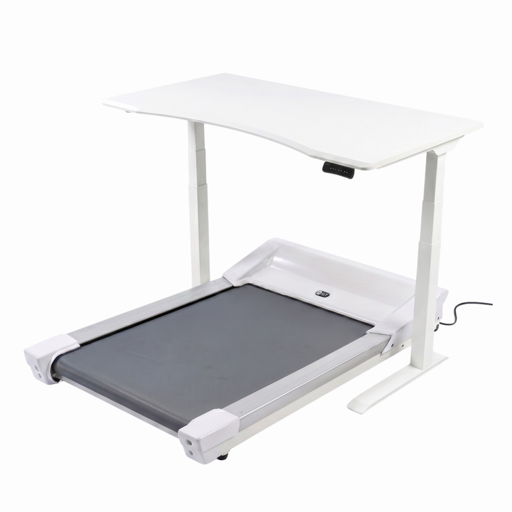 Unsit treadmill desk with an adjustable height standing desk with a white frame, white legs and a dark gray treadmill belt, shown on a white background.