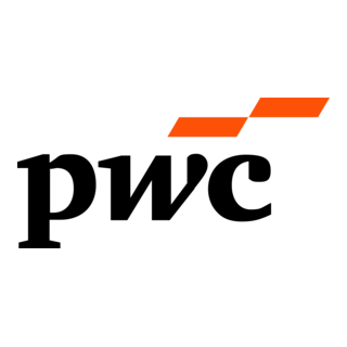 The PwC logo is shown on a solid dark green background. The logo features the lowercase black letters 'pwc' with two orange diagonal bars above them.