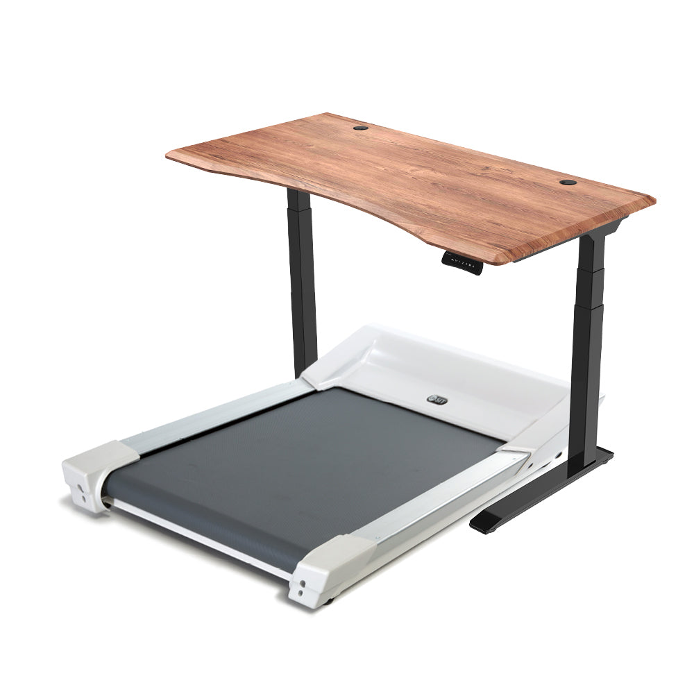 A photo of the Unsit treadmill desk bundle on a blank background with a wooden desk top