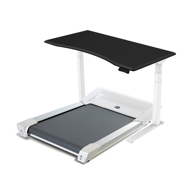 A photo of the Unsit treadmill desk bundle on a blank background with a black desk top